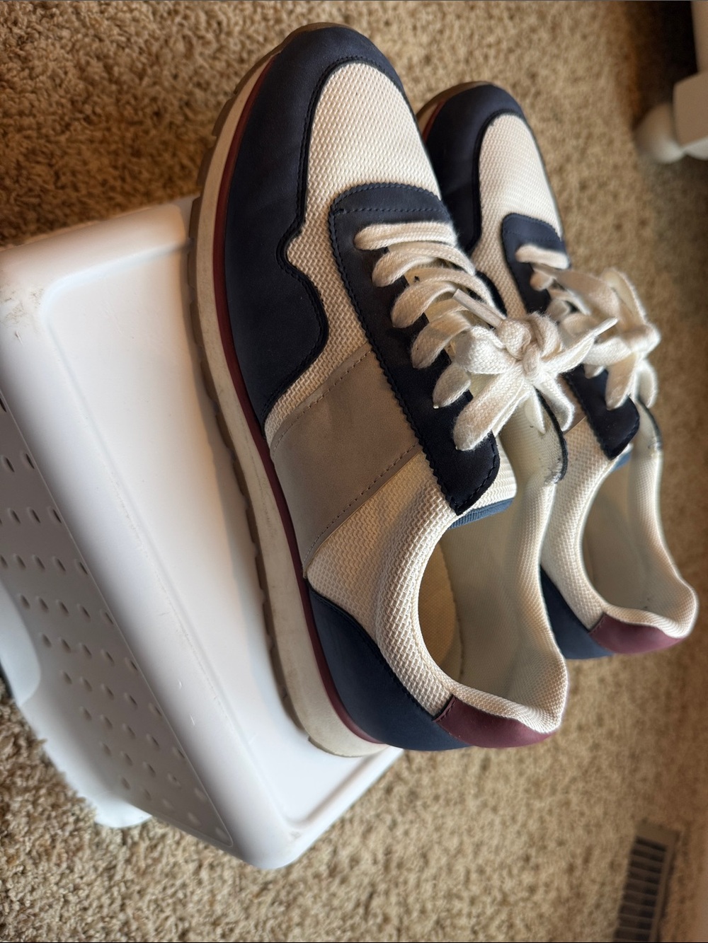 New Balance Cream and Navy Mesh & Leather Sneakers with Burgundy Heel Accent